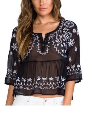 FREE PEOPLE Black Sheer Embroidered Babydoll Peplum Blouse—SZ. Small
